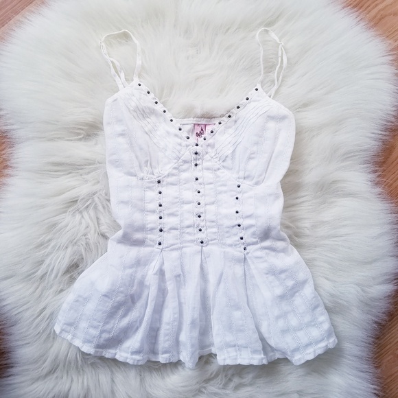Dolled Up Tops - White Cotton Tank Top w/Pleating & Metal Details